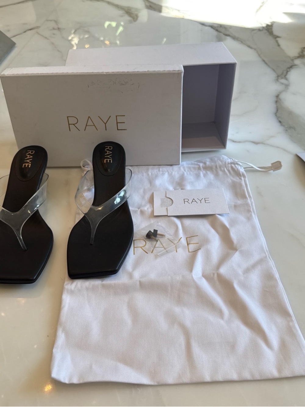 RAYE Black Clear Strap Square-Toe Thong Sandals